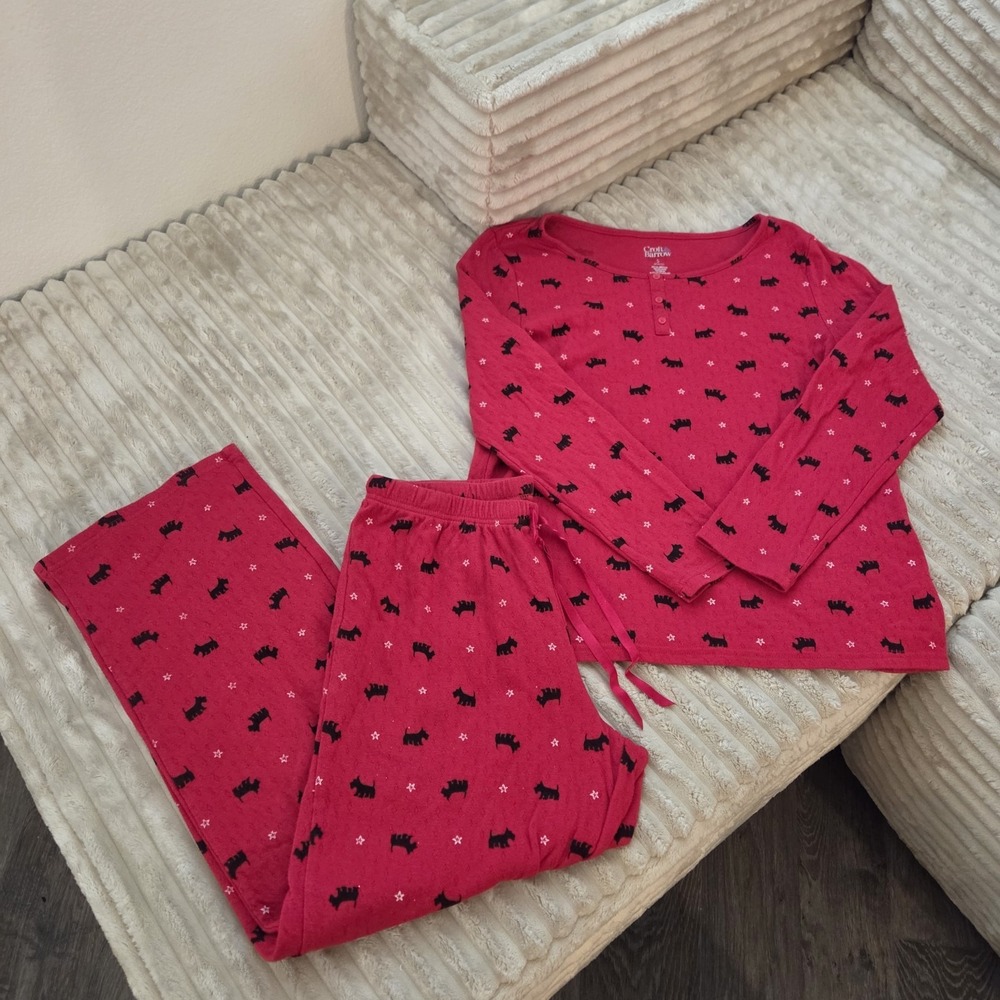 Croft & Barrow Womens Pajama Set Small S Red Scottie Dog Long Sleeve Henley Pant